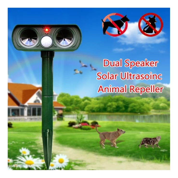 Dual speakers Ultrasonic Solar animal repeller with PIR Motion Sensor